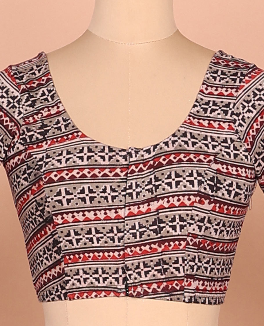 Grey geometric patterns printed front-back round neck full sleeve cotton readymade blouse