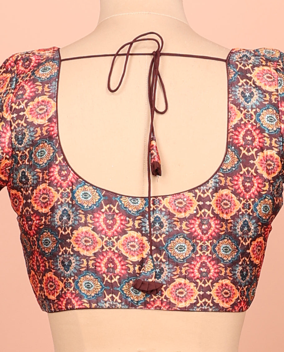 Brown Readymade Blouse Featuring Intricately Digital Print, a Front Round-Neck, Back Round-Neck, and Elbow Sleeves
