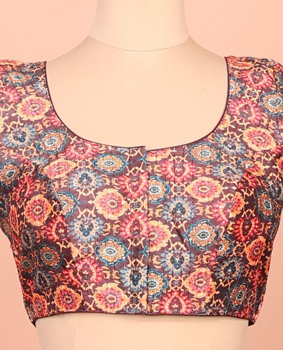 Brown Readymade Blouse Featuring Intricately Digital Print, a Front Round-Neck, Back Round-Neck, and Elbow Sleeves