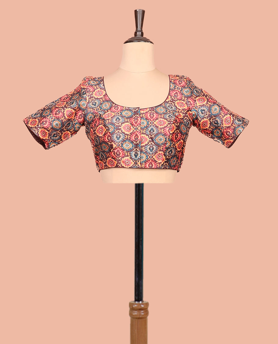 Brown Readymade Blouse Featuring Intricately Digital Print, a Front Round-Neck, Back Round-Neck, and Elbow Sleeves