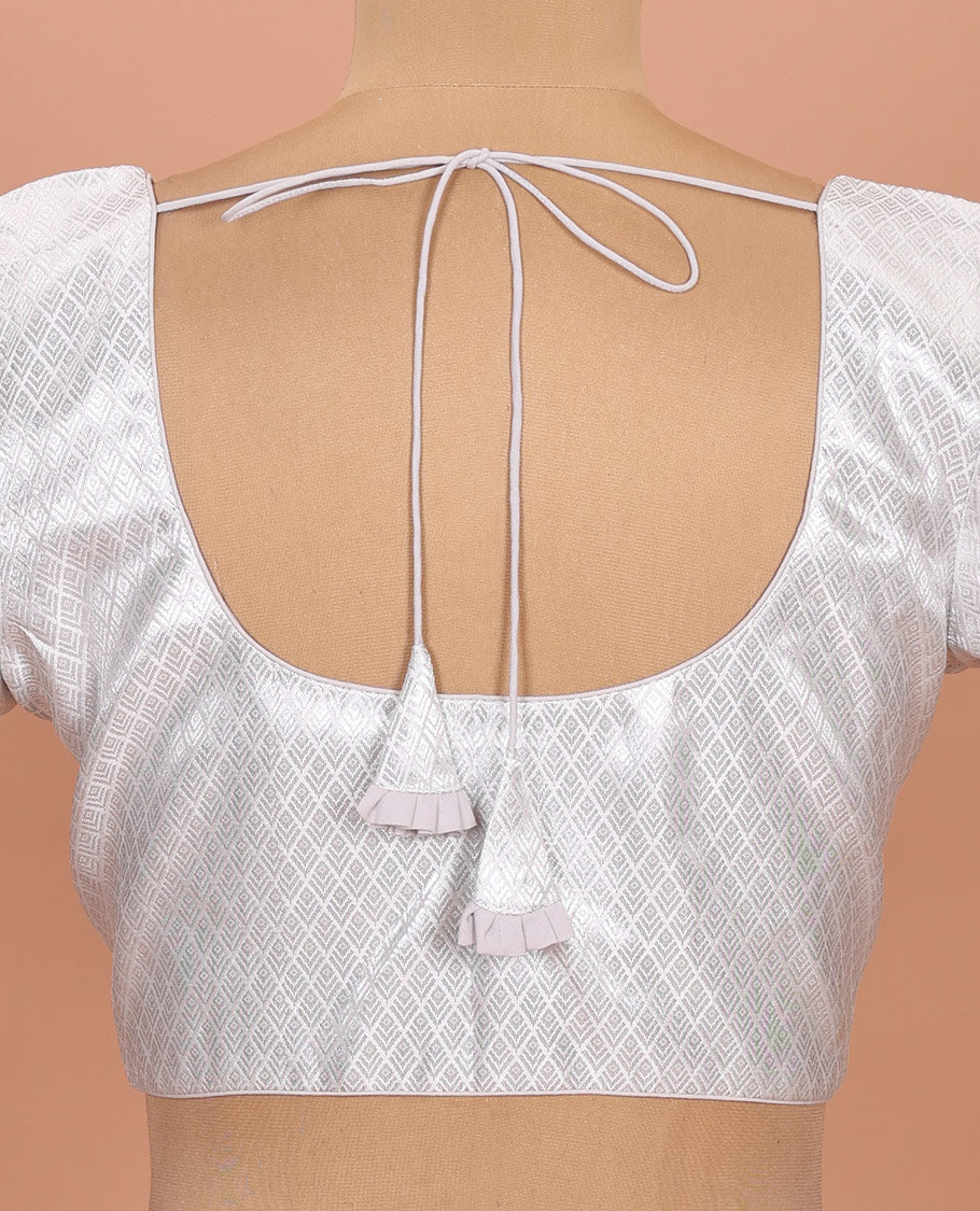 Silver jaal patterned front-back round neck elbow-sleeve readymade blouse