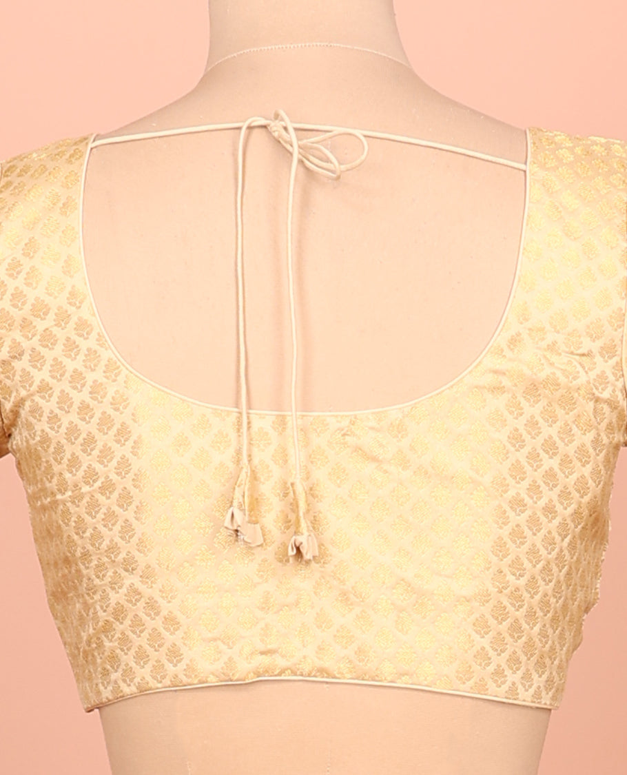 Gold Readymade Blouse Featuring Jacquard Design, a Front Round-Neck, Back Round-Neck, and Elbow Sleeves