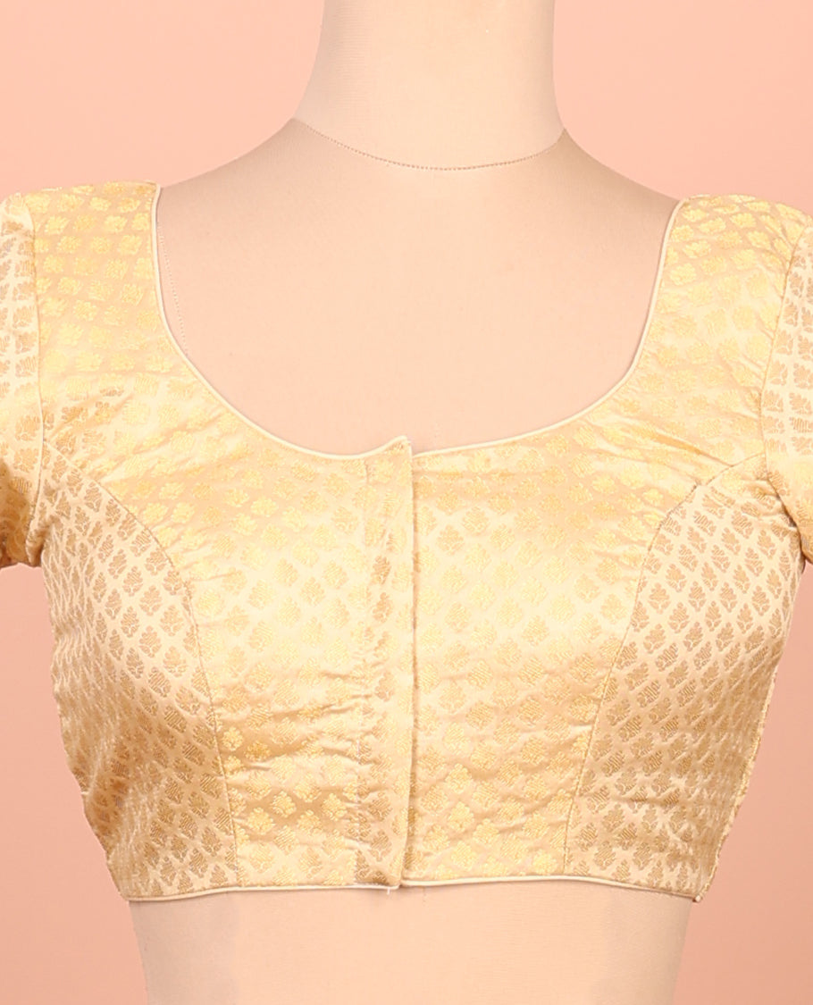 Gold Readymade Blouse Featuring Jacquard Design, a Front Round-Neck, Back Round-Neck, and Elbow Sleeves