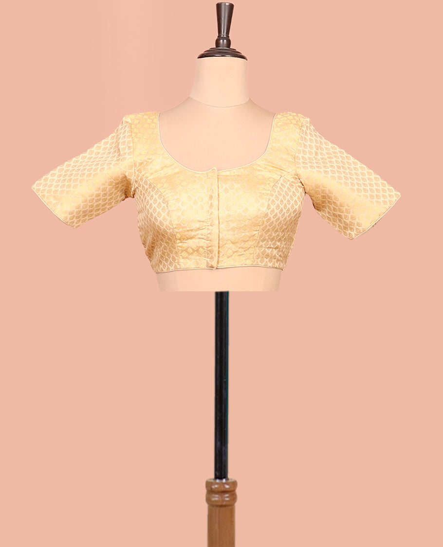 Gold Readymade Blouse Featuring Jacquard Design, a Front Round-Neck, Back Round-Neck, and Elbow Sleeves