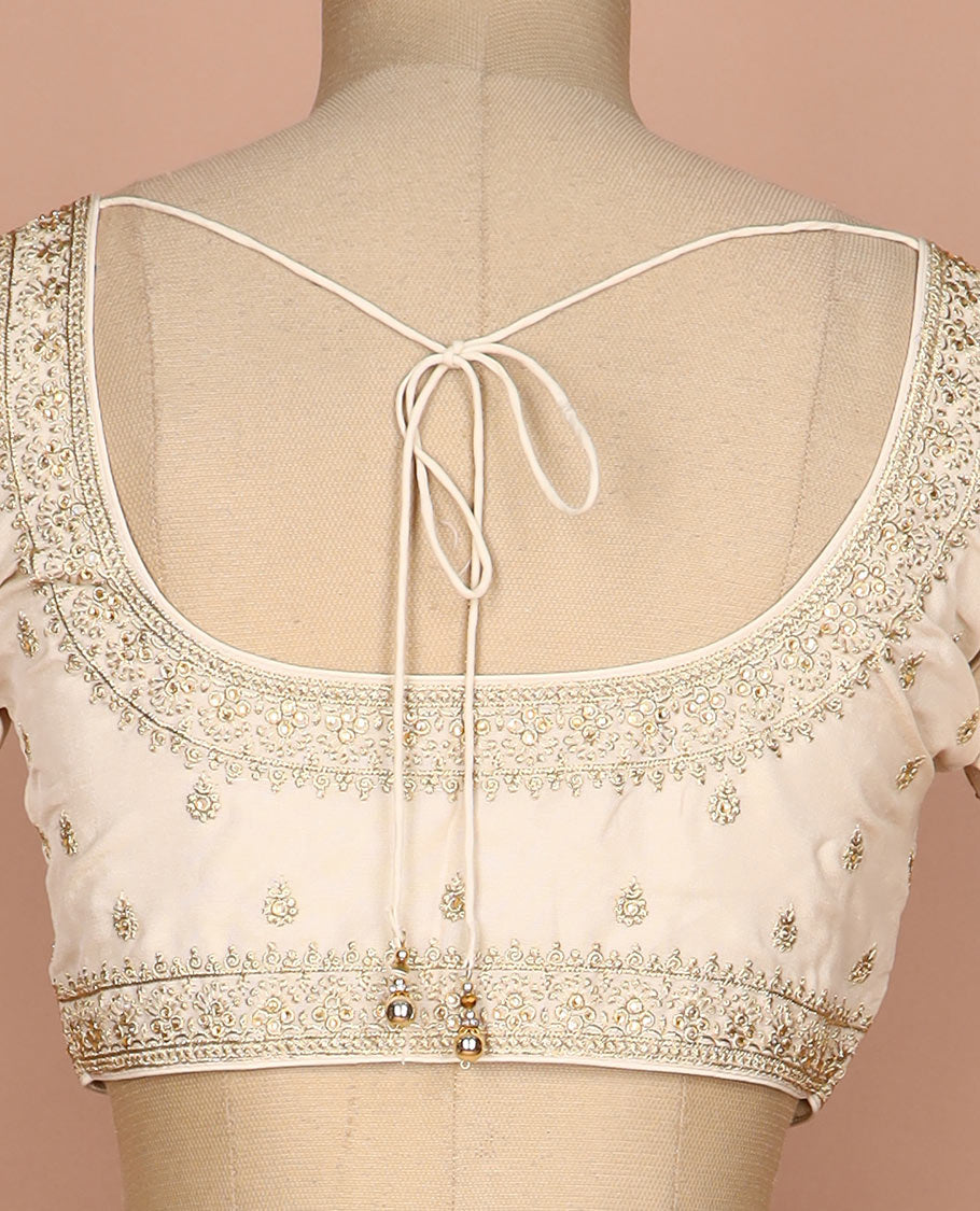 Cream floral thread embroidered round neck elbow sleeve raw silk readymade blouse