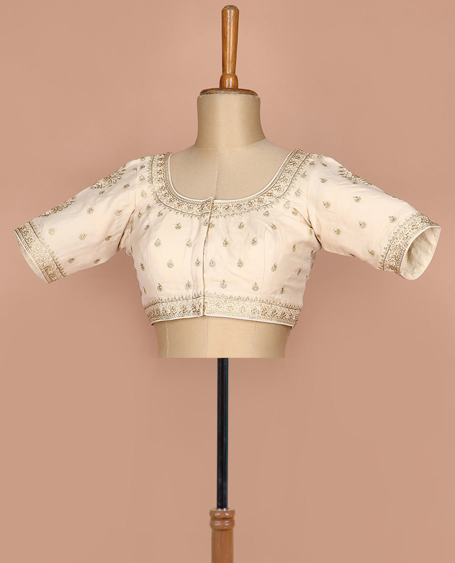 Cream floral thread embroidered round neck elbow sleeve raw silk readymade blouse