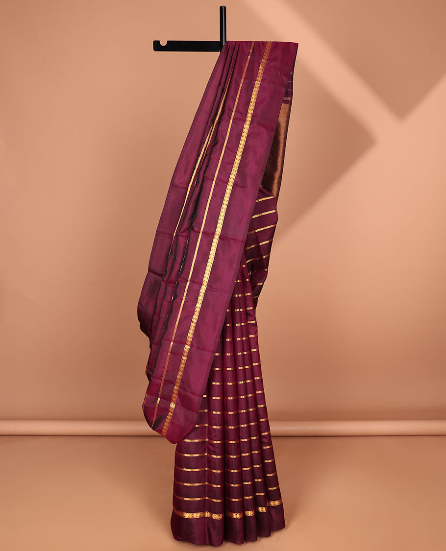 Maroon striped pure silk saree with self plain border & striped pallu