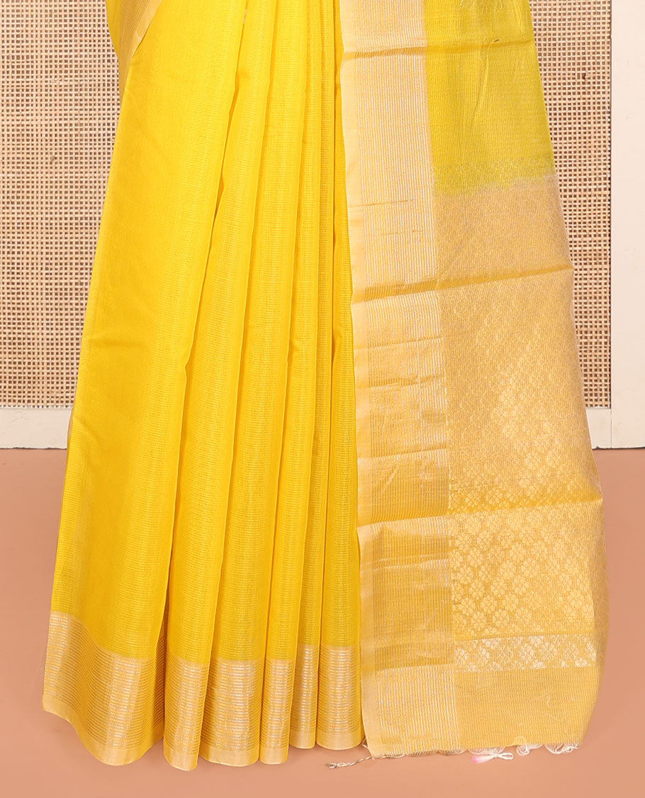 Yellow Silk Cotton Saree, Sparsely Woven with Buttas, a Subtle Zari Border, Grand Jaal Pallu, and a Matching Blouse