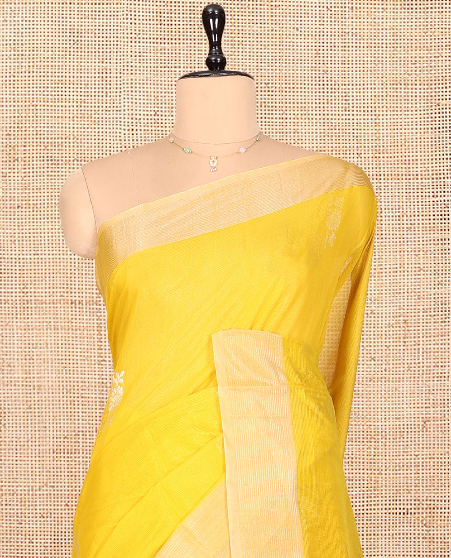 Yellow Silk Cotton Saree, Sparsely Woven with Buttas, a Subtle Zari Border, Grand Jaal Pallu, and a Matching Blouse