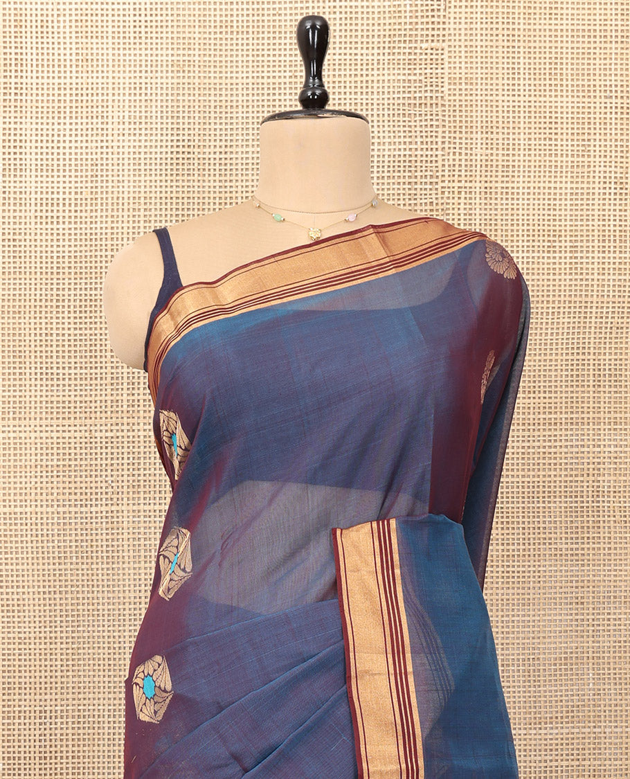 Blue Silk Cotton Saree, Graced with Meena Buttas, a Contrast Zari Border, Intricate Pallu, and a Contrast Blouse