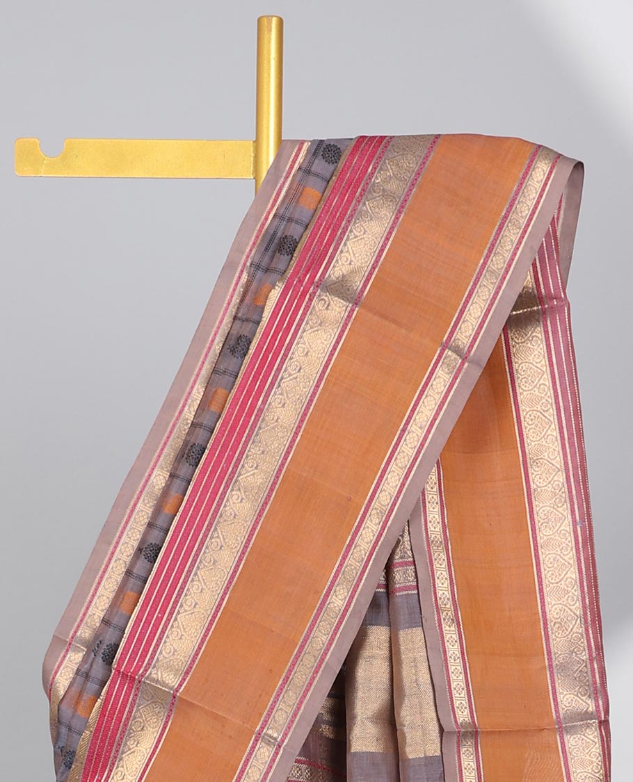 Grey motifs enclosed with checked cotton silk saree with contrast striped border & zari bhavanji pallu