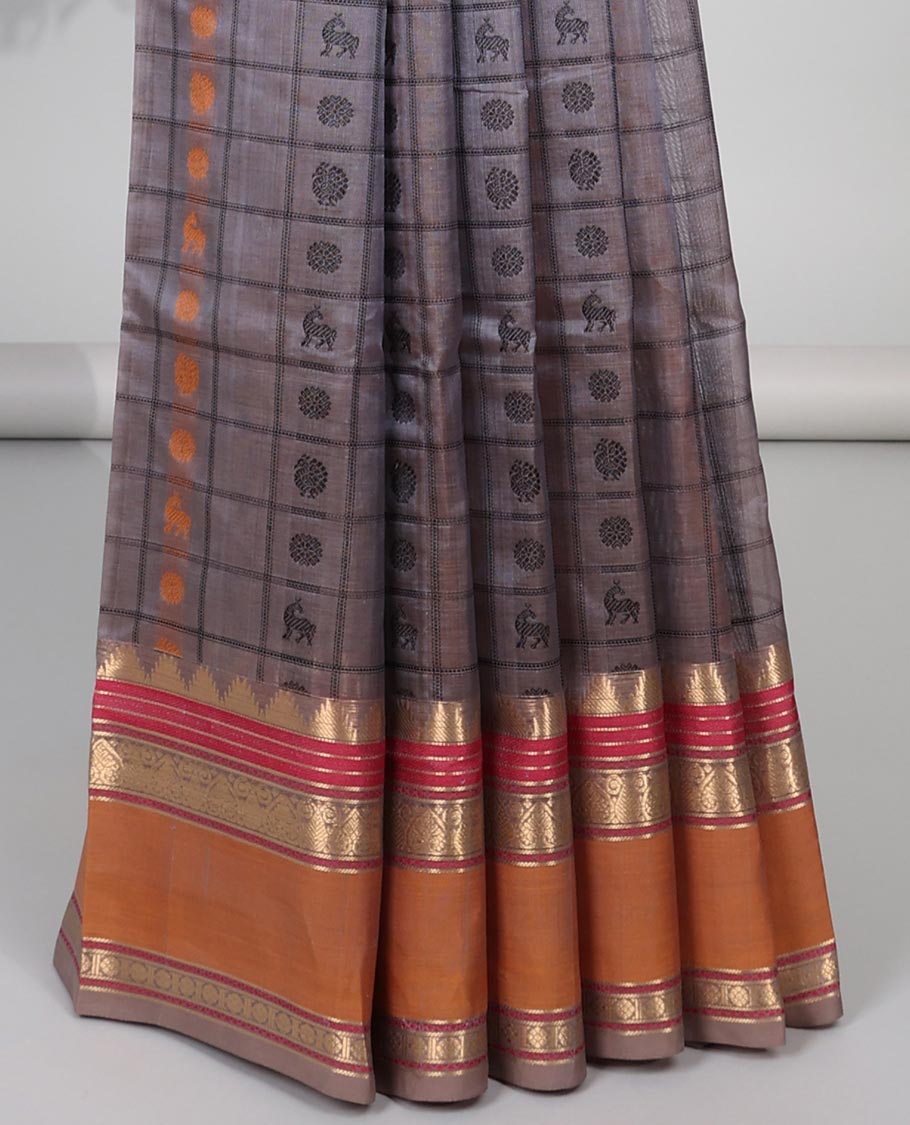 Grey motifs enclosed with checked cotton silk saree with contrast striped border & zari bhavanji pallu