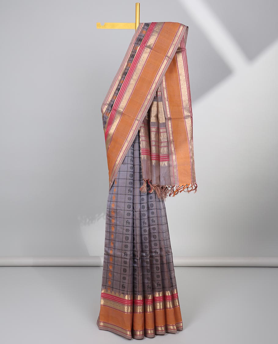 Grey motifs enclosed with checked cotton silk saree with contrast striped border & zari bhavanji pallu