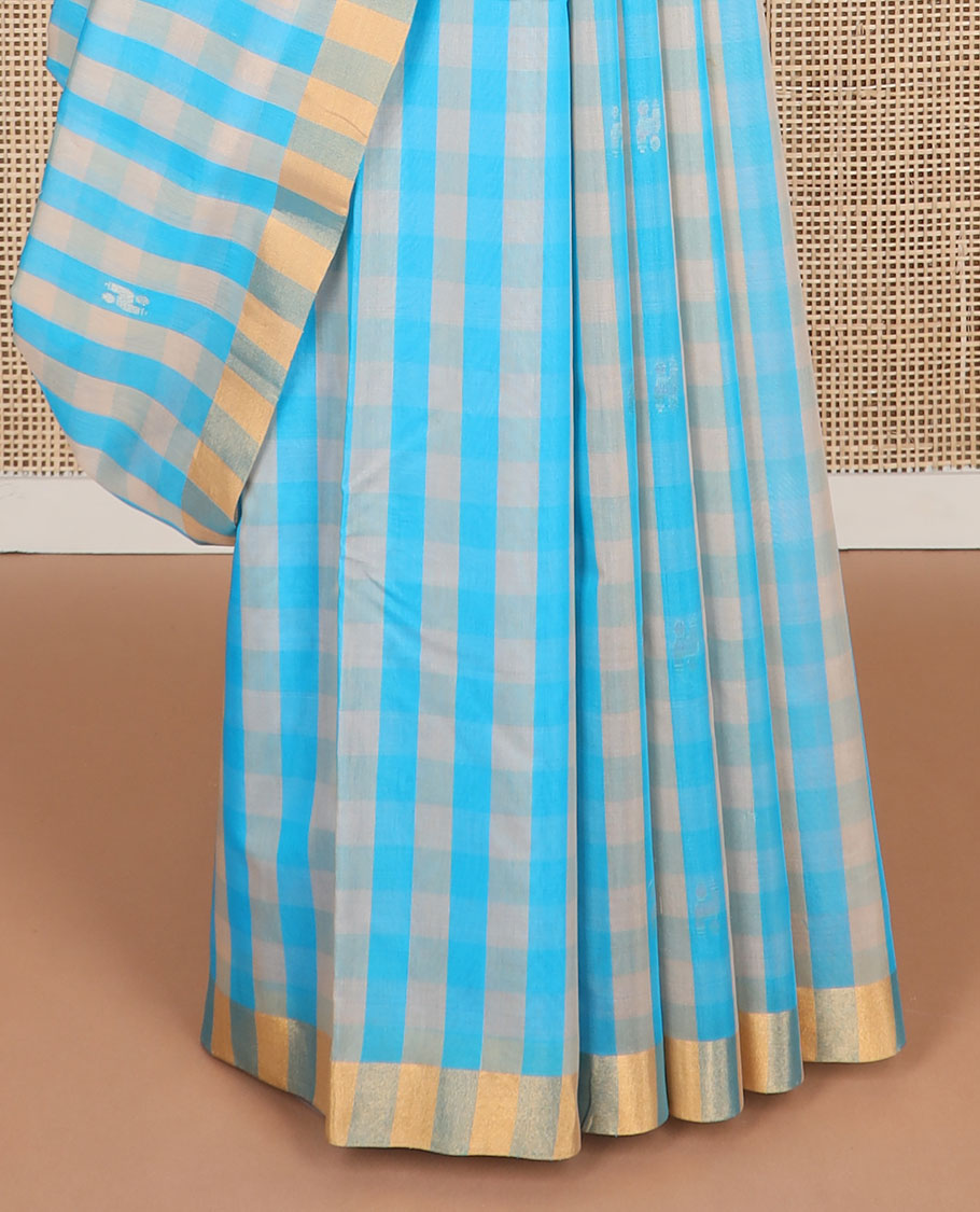 Multi-color checked silk cotton saree with contrast striped border & floral design pallu