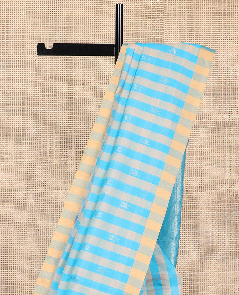 Multi-color checked silk cotton saree with contrast striped border & floral design pallu