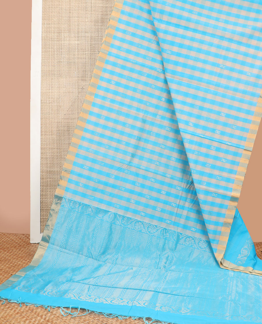 Multi-color checked silk cotton saree with contrast striped border & floral design pallu