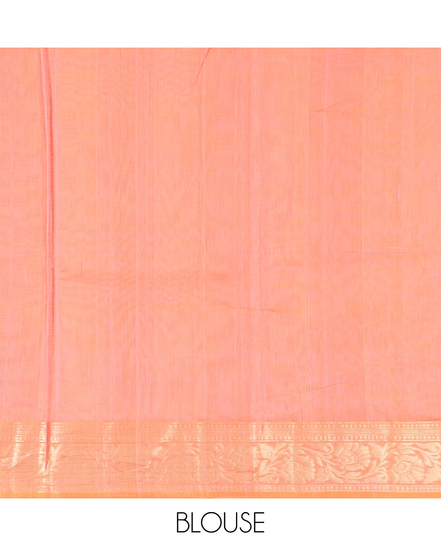 Pink Silk Cotton Saree Adorned with Zari Buttas All Over the Body, Complemented by a Contrast Zari Floral Creeper Design Border, Featuring a Pallu of Floral Zari Designs, and Paired with a Contrast Blouse