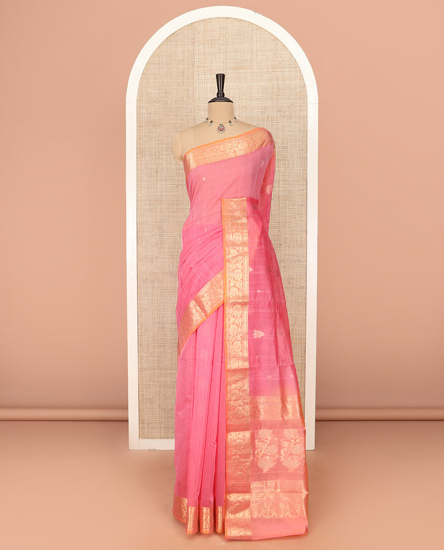 Pink Silk Cotton Saree Adorned with Zari Buttas All Over the Body, Complemented by a Contrast Zari Floral Creeper Design Border, Featuring a Pallu of Floral Zari Designs, and Paired with a Contrast Blouse