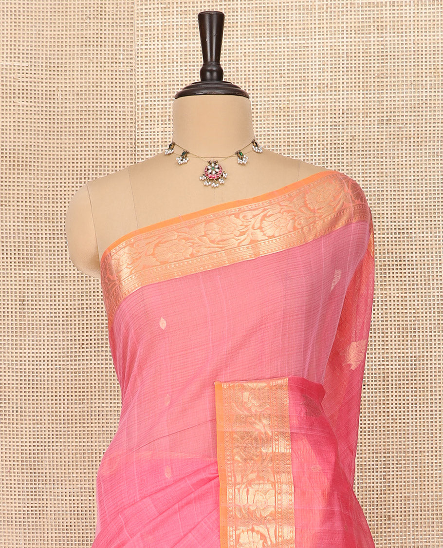 Pink Silk Cotton Saree Adorned with Zari Buttas All Over the Body, Complemented by a Contrast Zari Floral Creeper Design Border, Featuring a Pallu of Floral Zari Designs, and Paired with a Contrast Blouse
