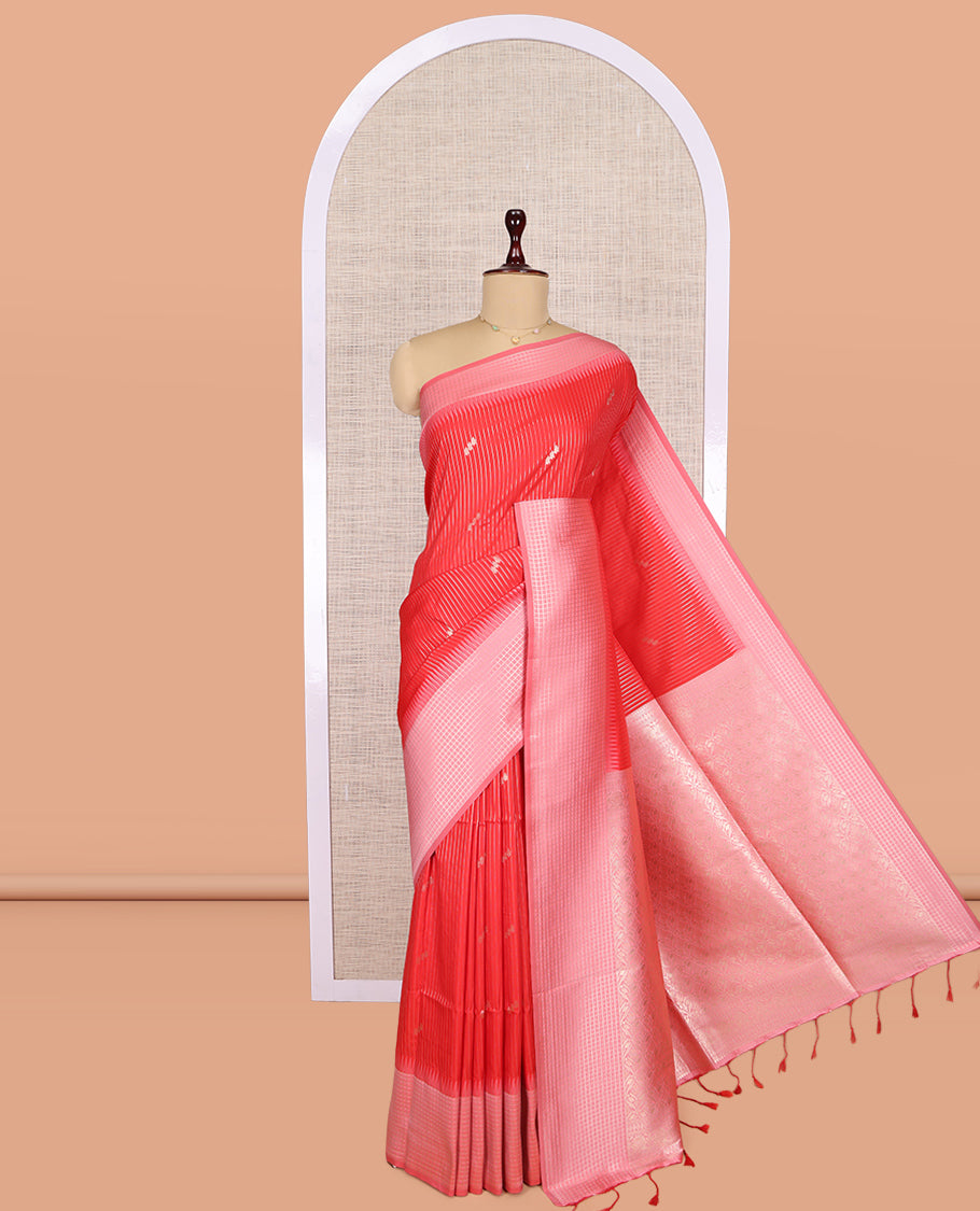 Red Fancy Soft Silk Saree, Graced with Zari Buttas and Stripes, Complemented by Contrast Zari Checked Border, Grand Pallu, and a Contrast Blouse