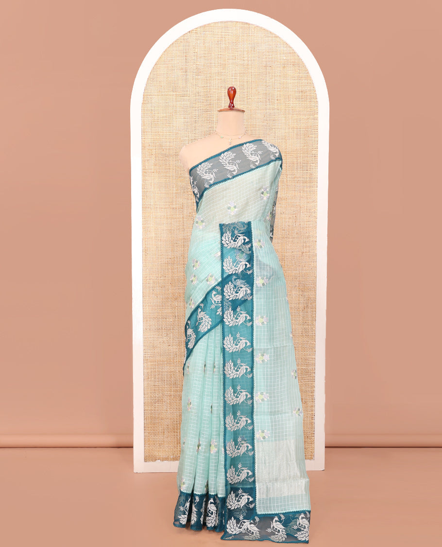 Blue Tissue Saree, Majestically Detailed with Checks and Floral Embroidery, a Contrast Peacock Border, Matching Blouse