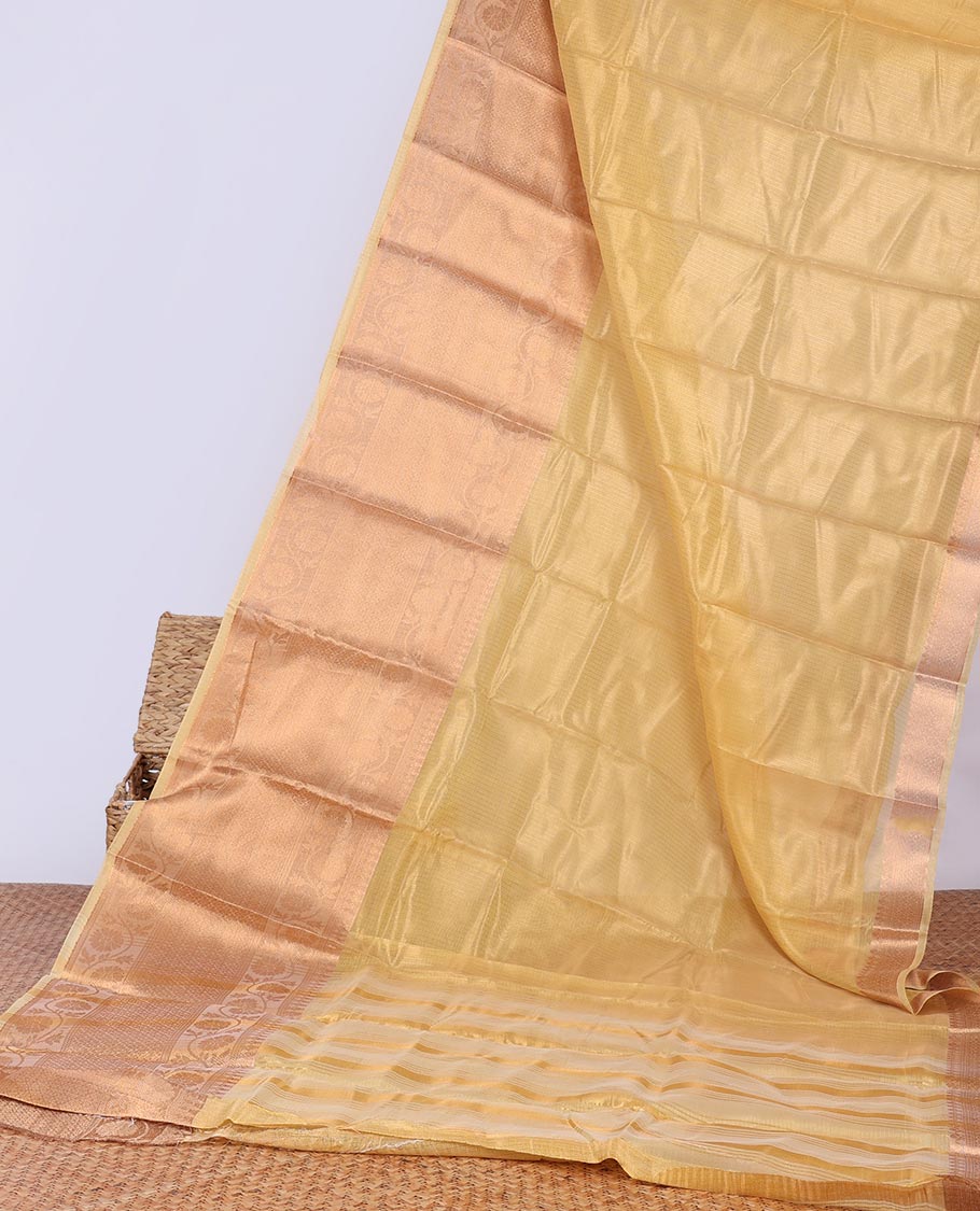Yellow semi-banaras tissue saree with self zari border & intricate zari design pallu