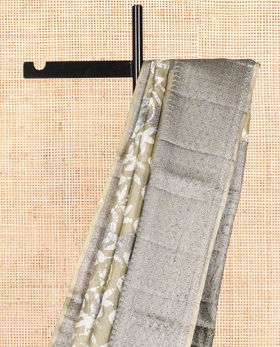 Beige tie and die style floral, geometric design tussar saree with contrast intricate zari design border & floral design pallu
