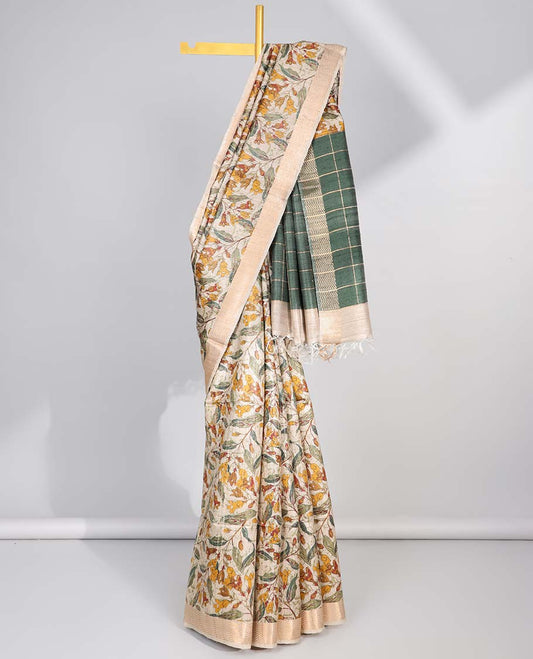 Cream floral printed tussar silk saree with self-border & checked pallu