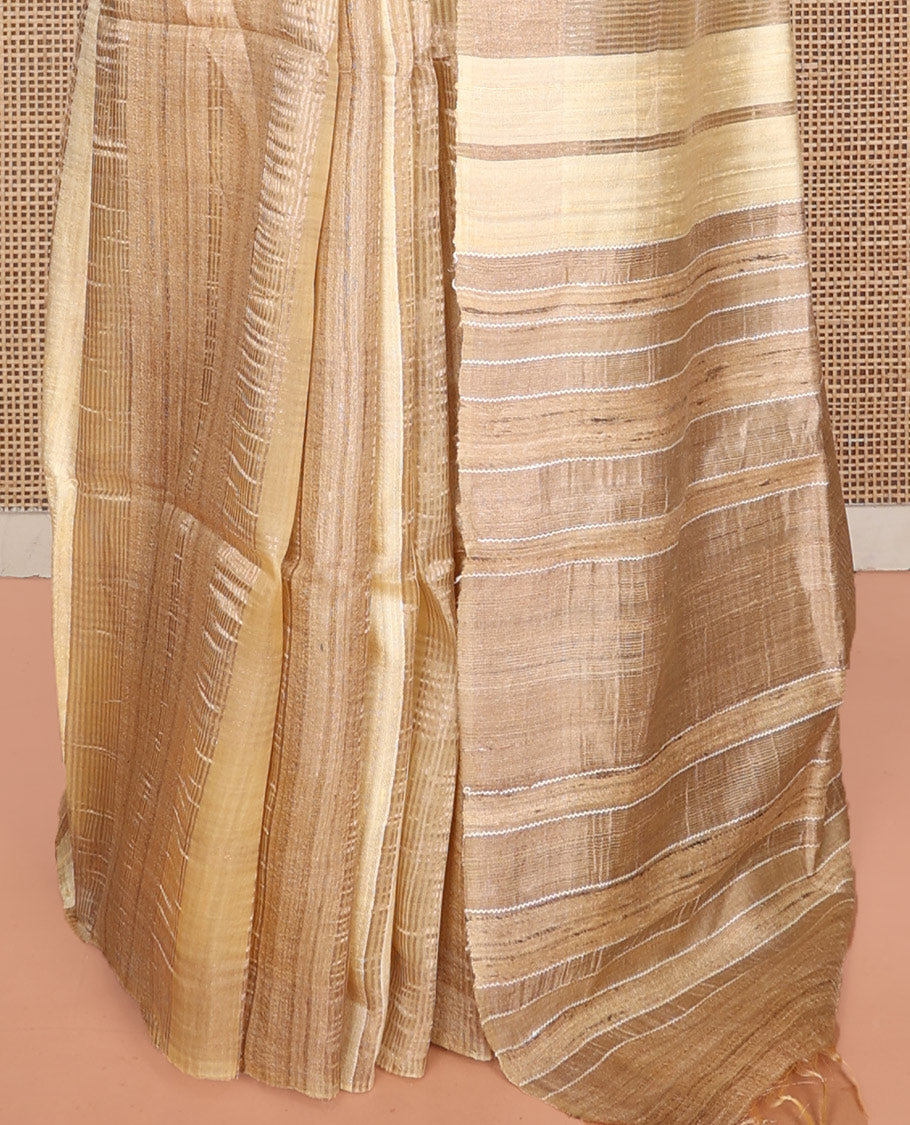Sandal Tussar Silk Saree, Gleamed Up with Zari Stripes, a Subtle Border, Pallu of Stripes, and a Matching Blouse