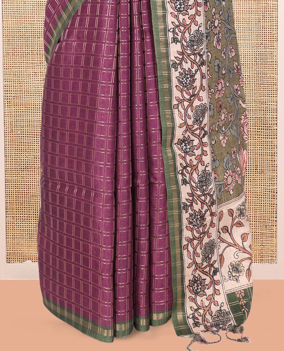 Wine Fancy Tussar Silk Saree, Adorned with Checked Design, Contrast Piping Zari Border, Pallu of Kalamkari Peacock Motifs, and Contrast Kalamkari Printed Blouse
