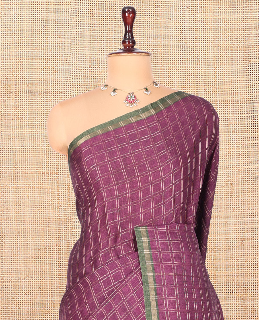 Wine Fancy Tussar Silk Saree, Adorned with Checked Design, Contrast Piping Zari Border, Pallu of Kalamkari Peacock Motifs, and Contrast Kalamkari Printed Blouse