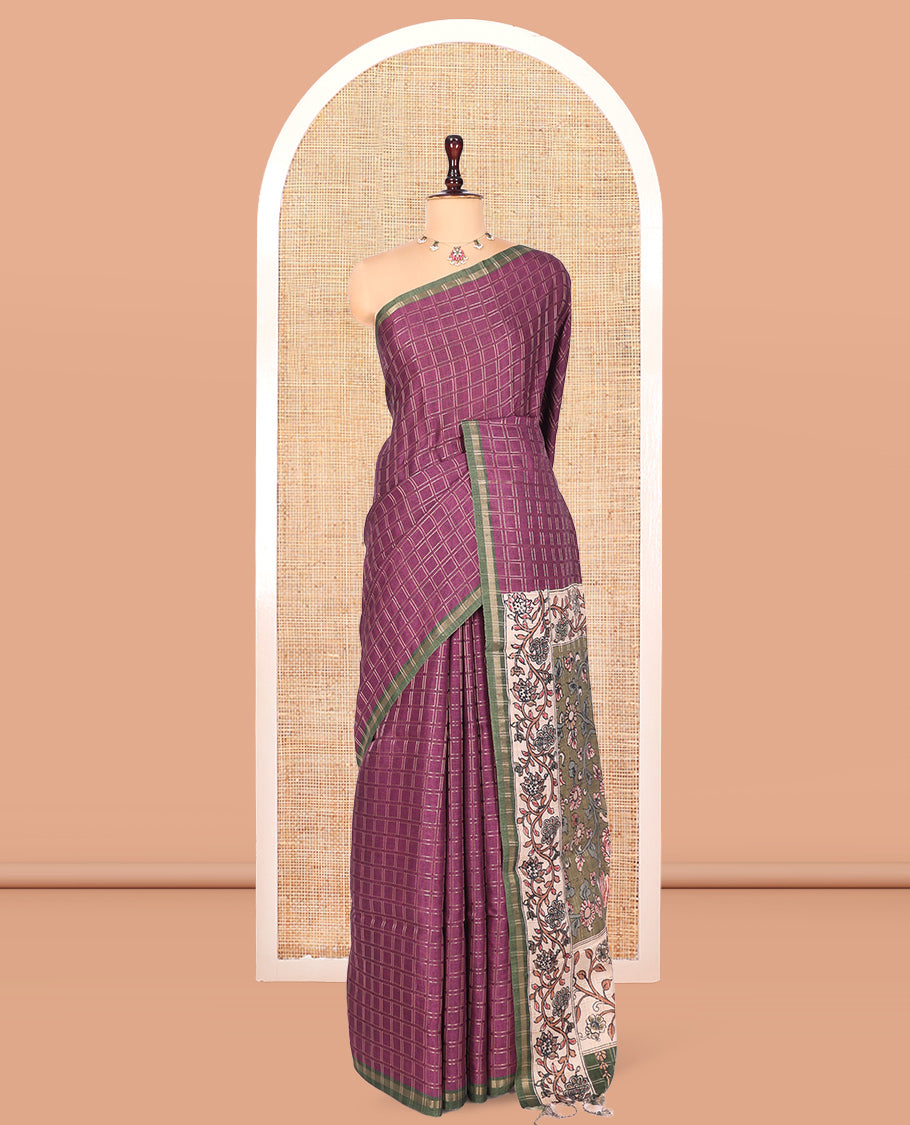 Wine Fancy Tussar Silk Saree, Adorned with Checked Design, Contrast Piping Zari Border, Pallu of Kalamkari Peacock Motifs, and Contrast Kalamkari Printed Blouse