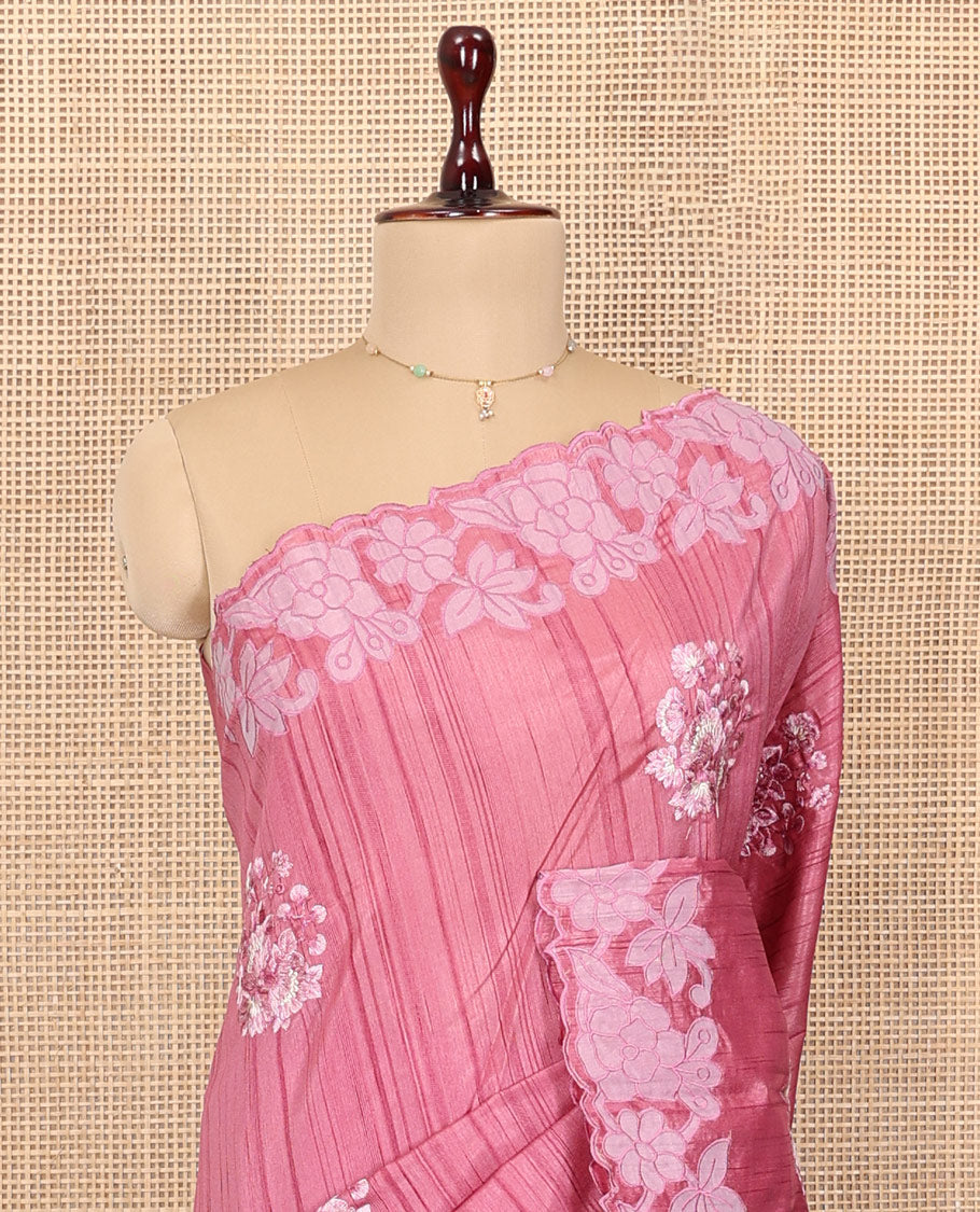 Pink Tussar Silk Saree Features Stripes and Floral Embroidery, a Scallop-Embroidered Border, and a Matching Blouse