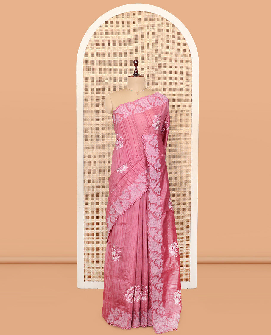 Pink Tussar Silk Saree Features Stripes and Floral Embroidery, a Scallop-Embroidered Border, and a Matching Blouse