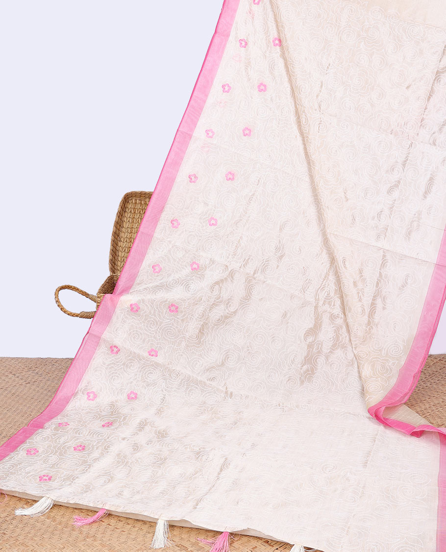Cream floral thread embroidery semi-banaras tussar saree with contrast plain border & floral embroidered pallu