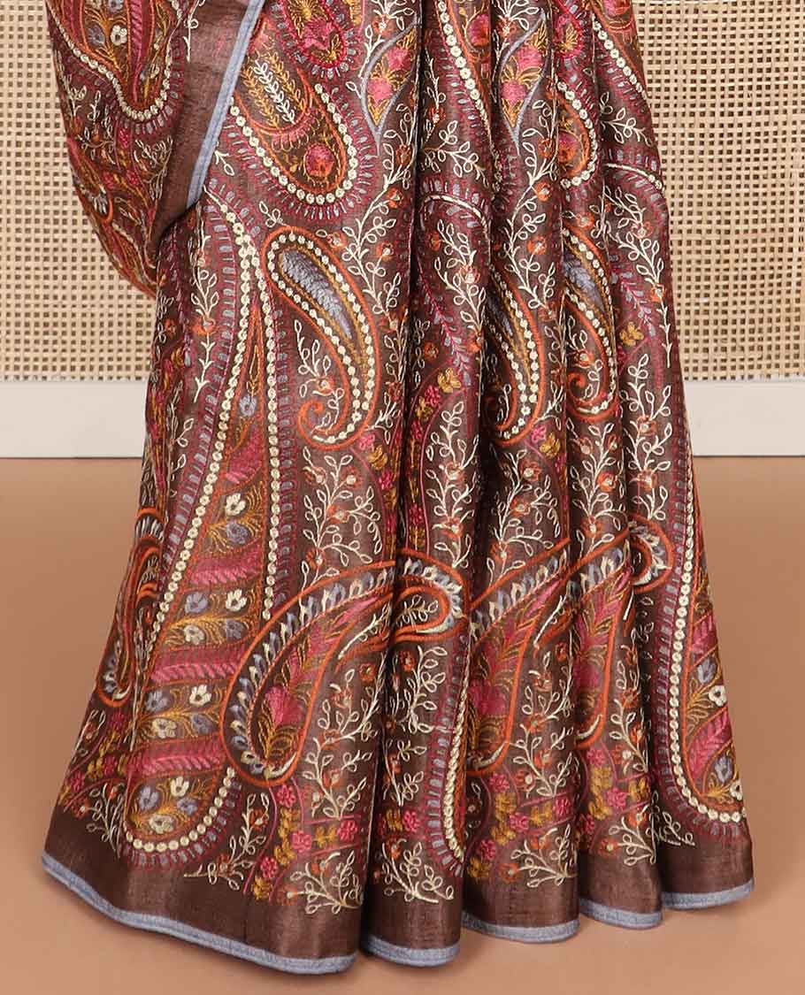 Brown paisley thread embroidery tussar silk saree with self plain border