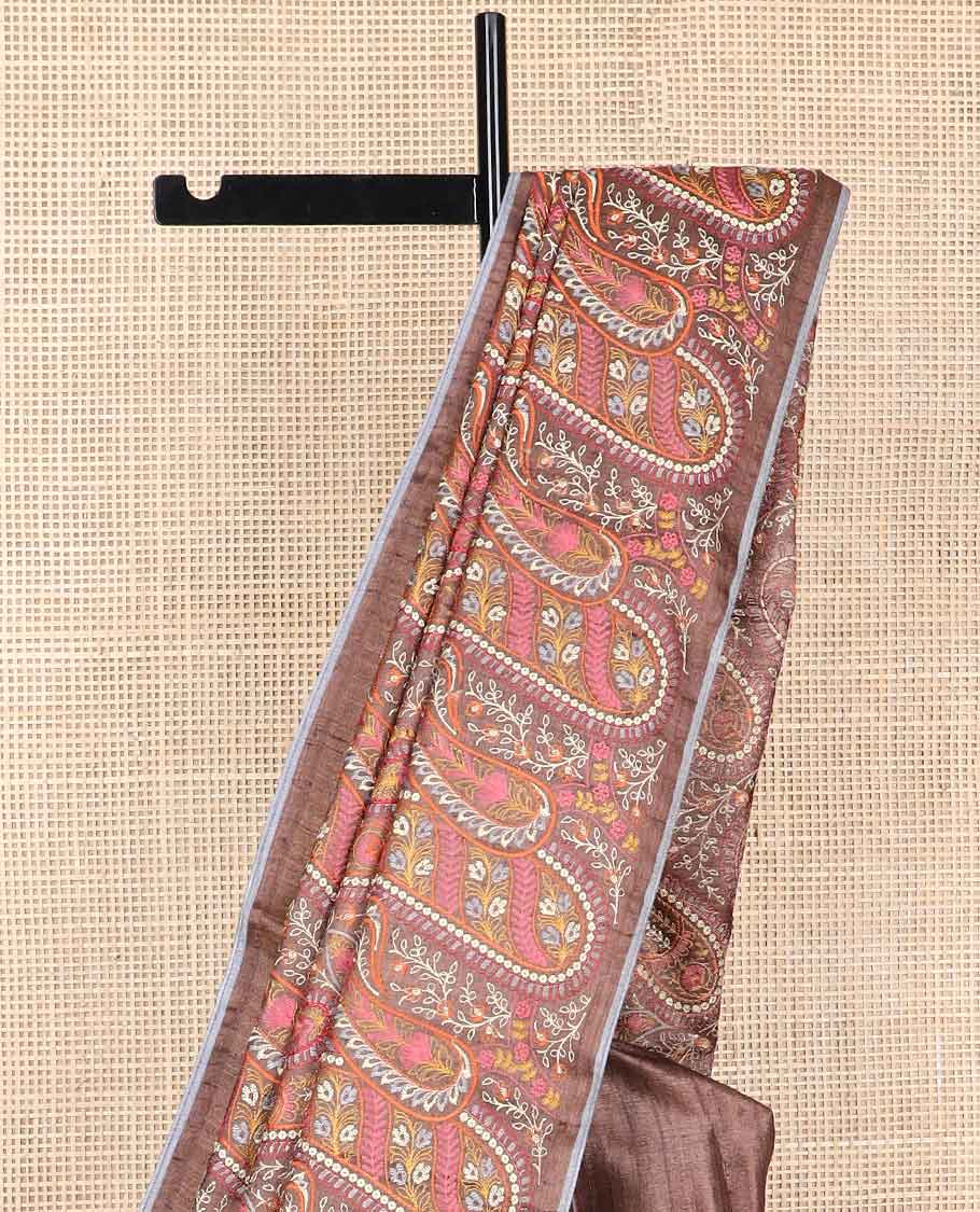 Brown paisley thread embroidery tussar silk saree with self plain border