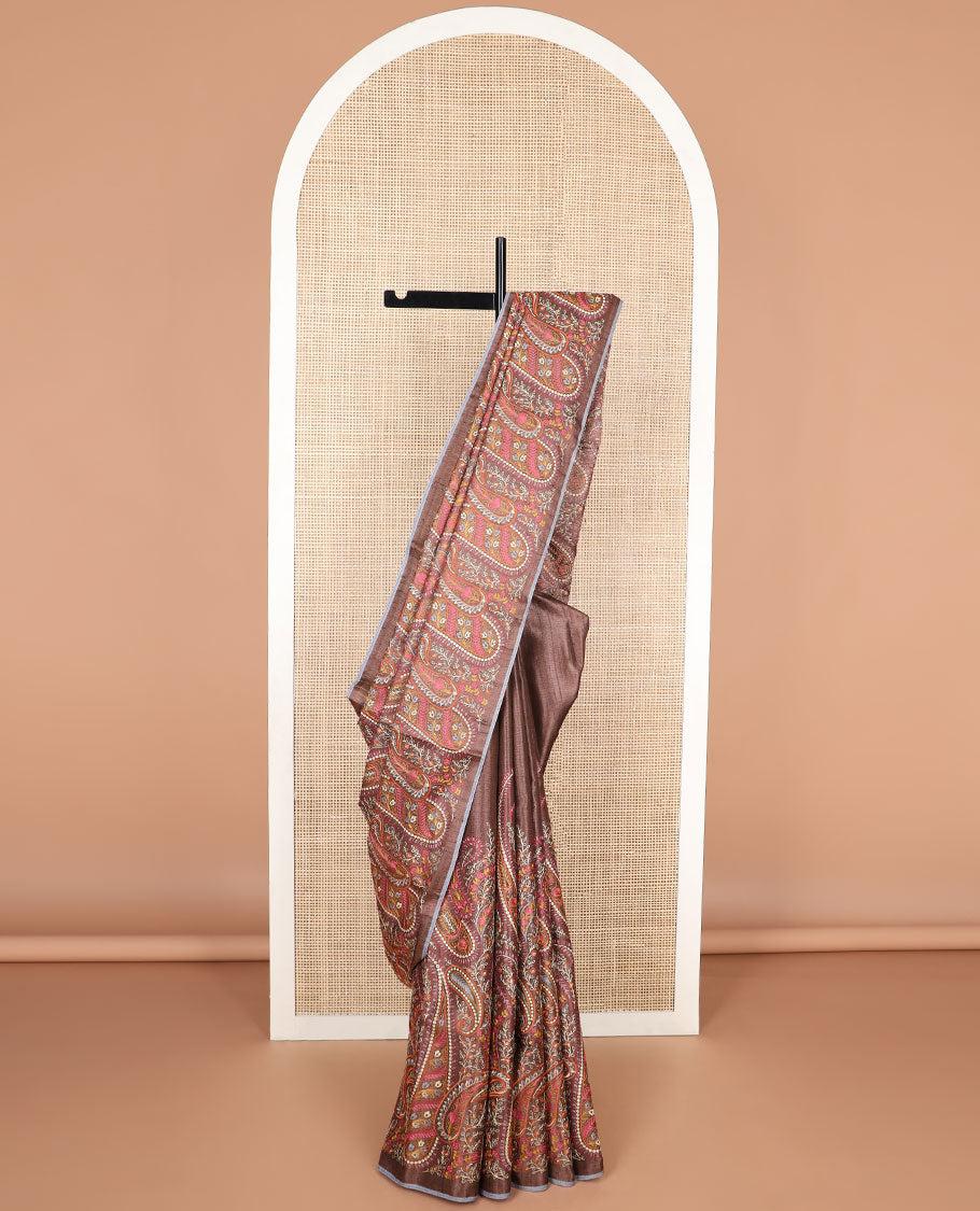 Brown paisley thread embroidery tussar silk saree with self plain border