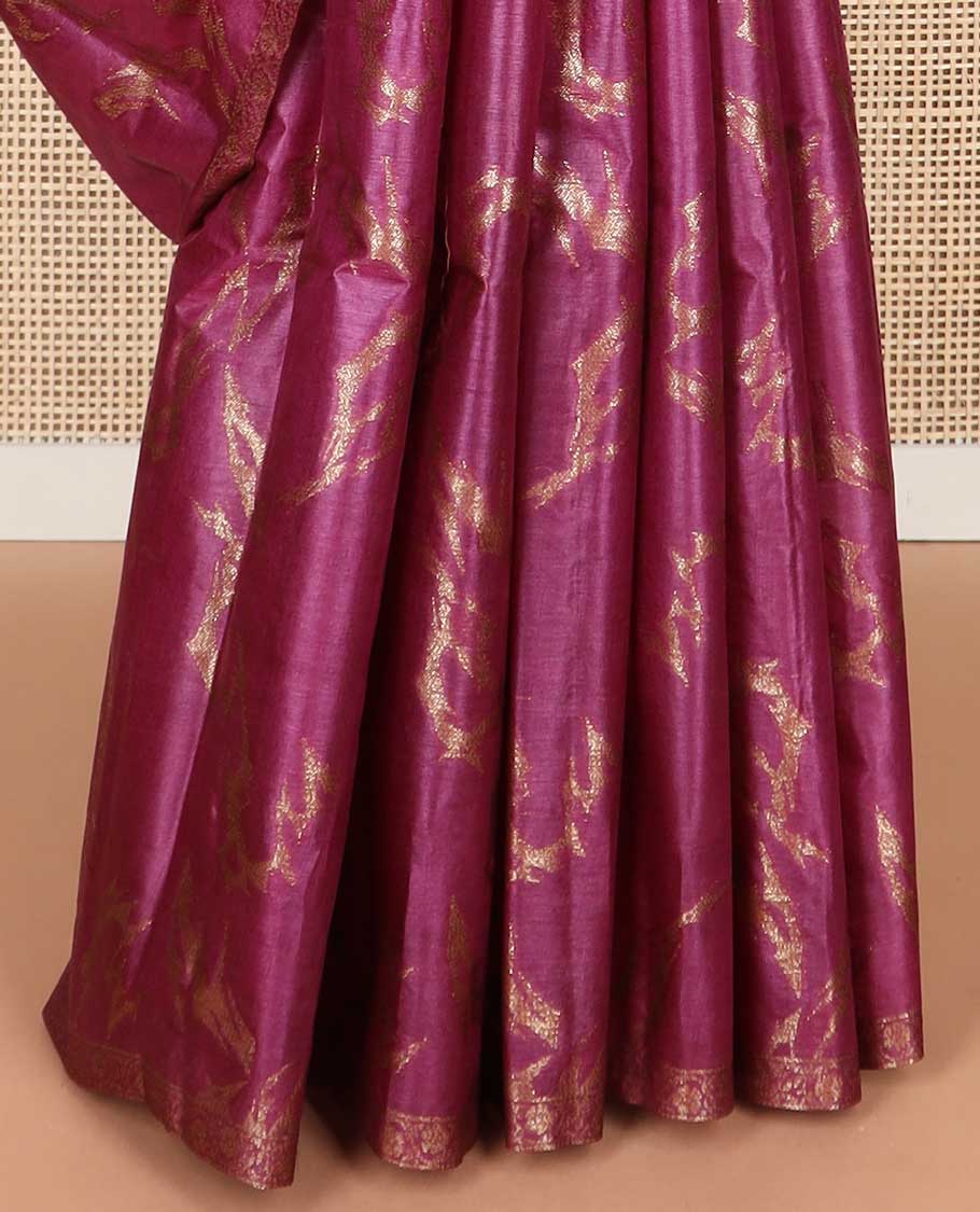 Dark pink abstract design tussar silk saree with self zari design border & floral design pallu