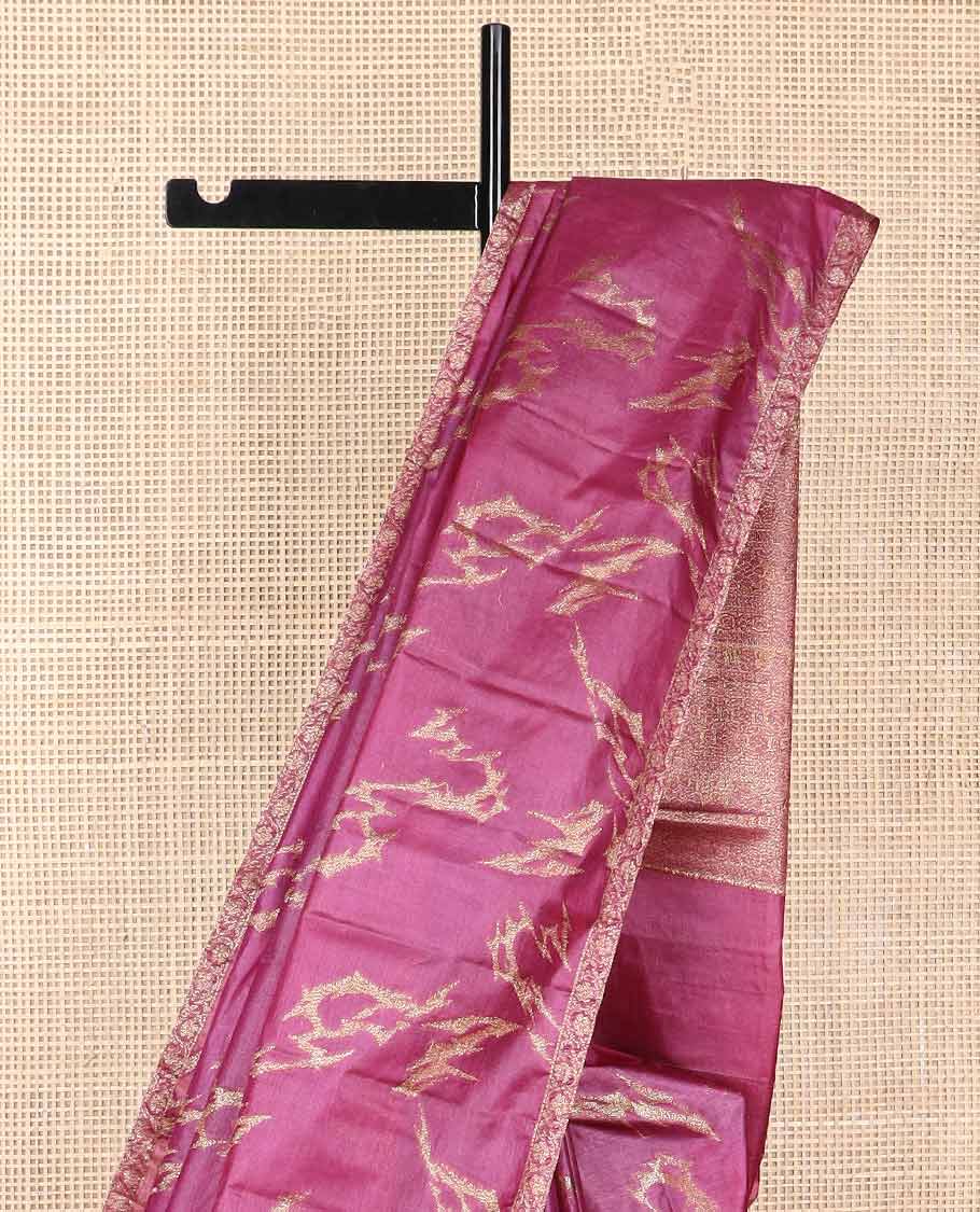 Dark pink abstract design tussar silk saree with self zari design border & floral design pallu