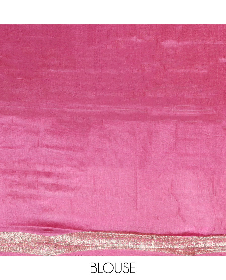 Dark pink abstract design tussar silk saree with self zari design border & floral design pallu