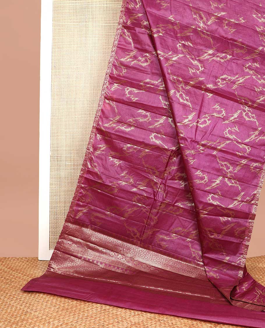 Dark pink abstract design tussar silk saree with self zari design border & floral design pallu
