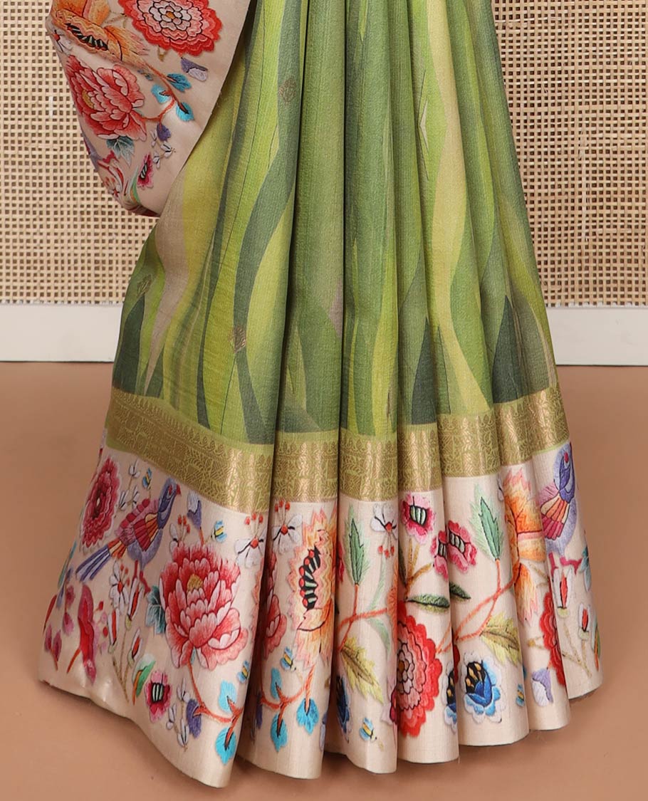 Green motifs, abstract design tussar saree with contrast floral design border & checked design pallu