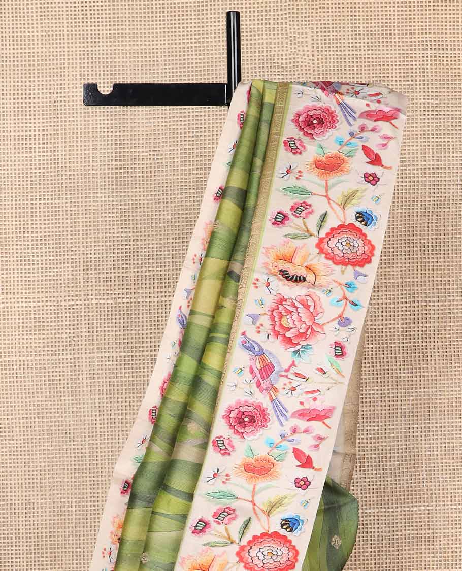 Green motifs, abstract design tussar saree with contrast floral design border & checked design pallu