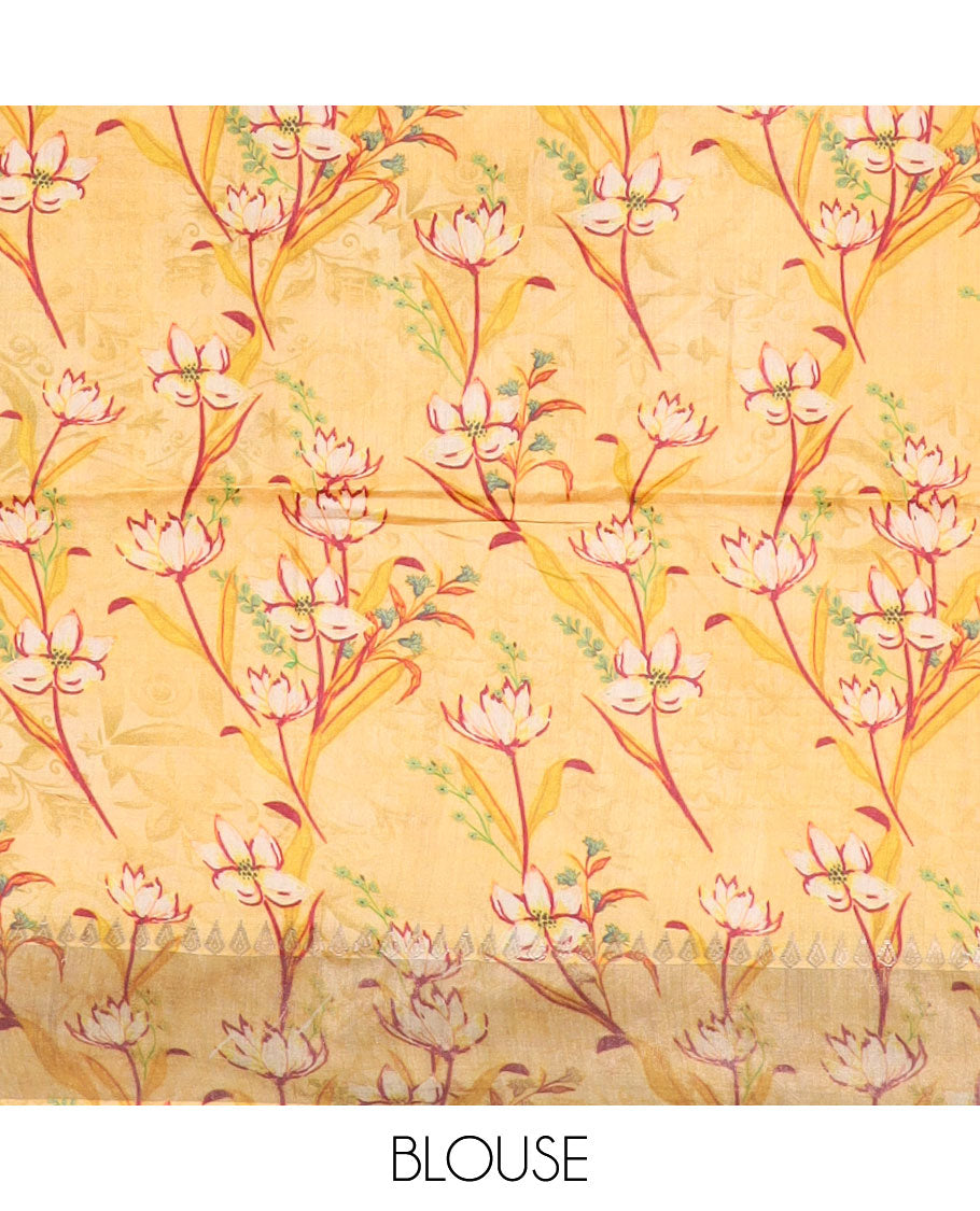 Yellow floral vine printed tussar silk saree, thilakam motifs border, and checked pallu