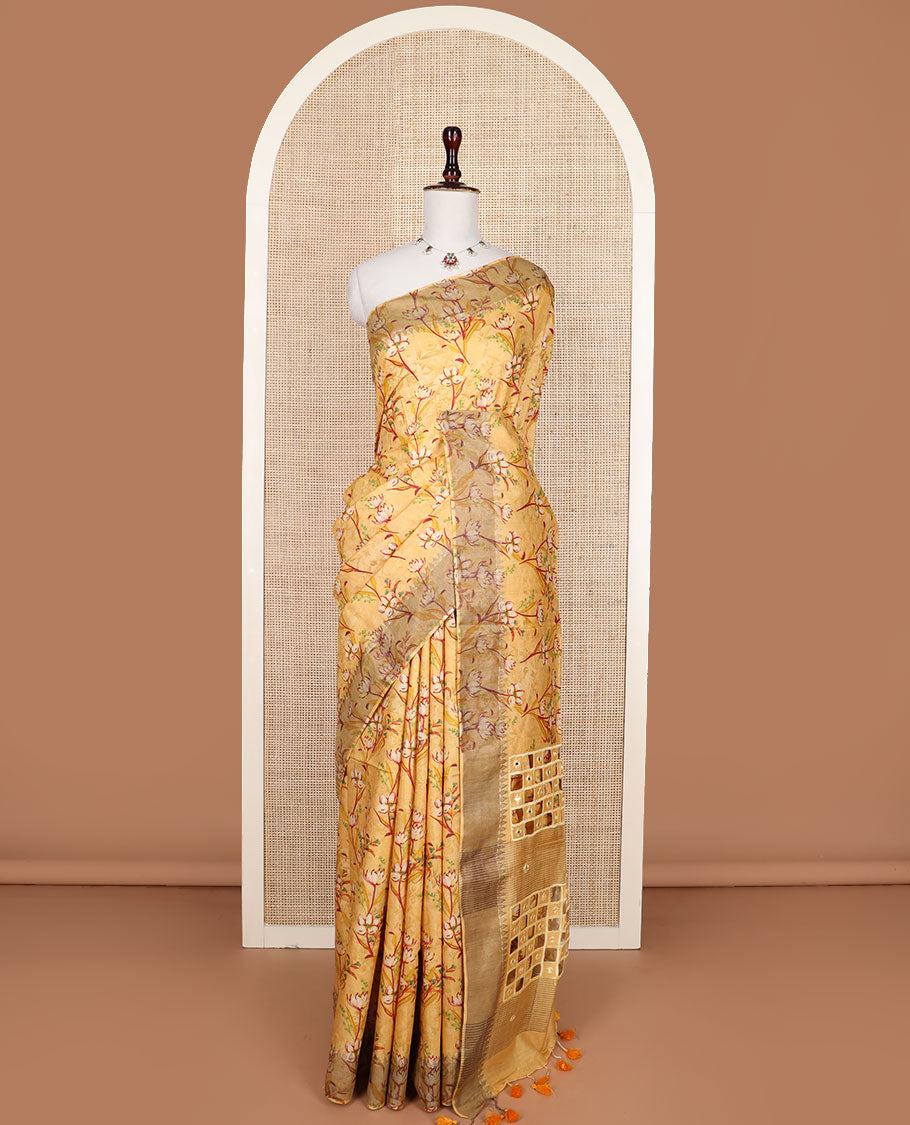 Yellow floral vine printed tussar silk saree, thilakam motifs border, and checked pallu