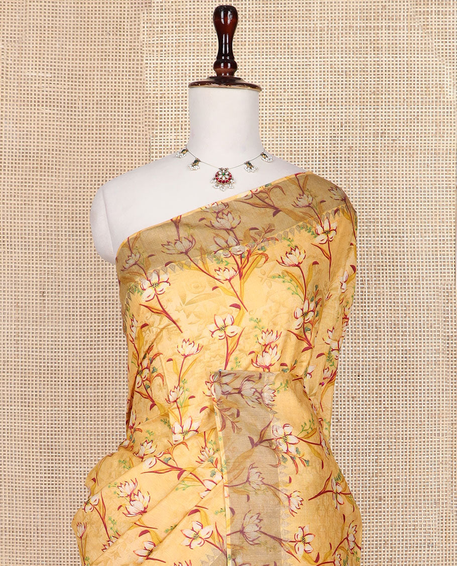 Yellow floral vine printed tussar silk saree, thilakam motifs border, and checked pallu