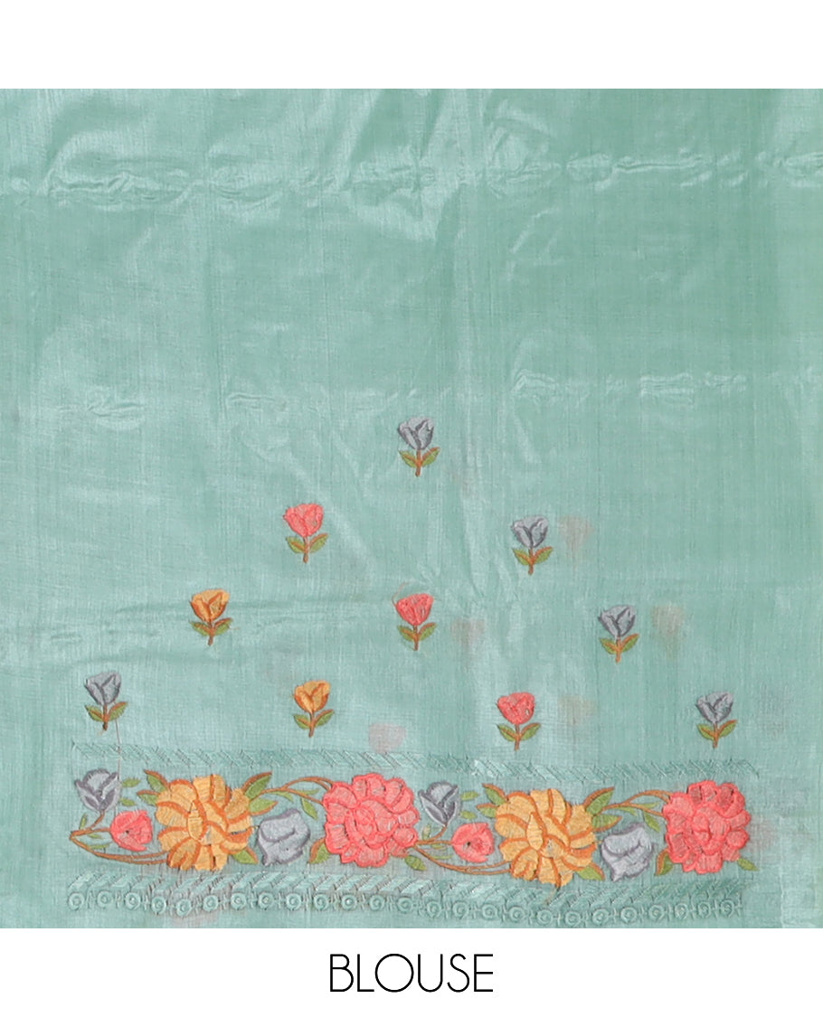 Green floral motifs, multi-color thread embroidered tussar saree, floral vine thread embroidered border, and pallu
