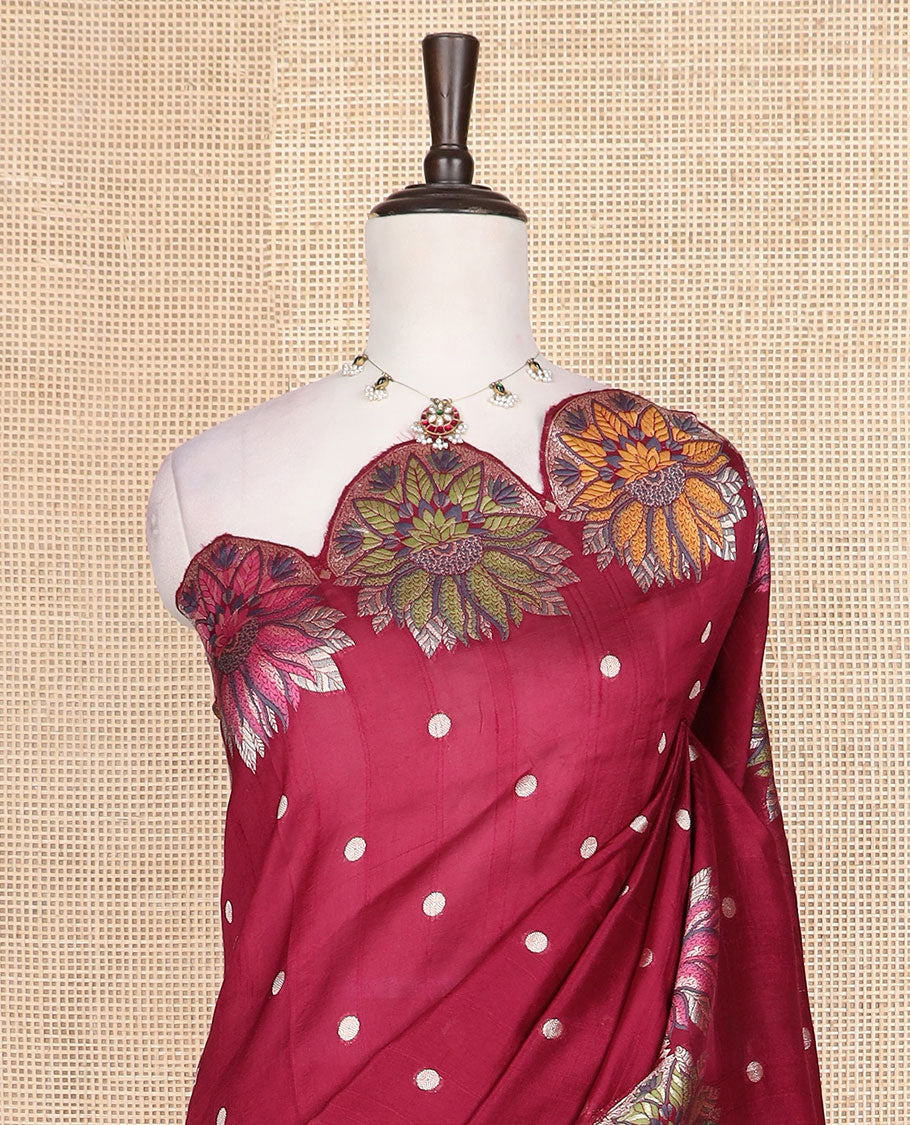 Maroon Matka silk saree features rudraksham motifs, scallop floral motifs and bird embossed thread embroidery border