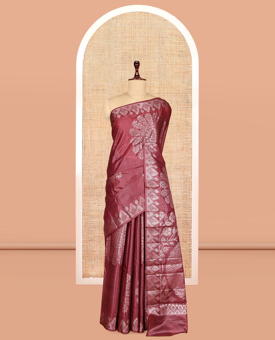 Maroon Tusser Silk Saree, Elevated with Rangoli-Style Designs, a Zari Border, Grand Pallu, and a Matching Blouse